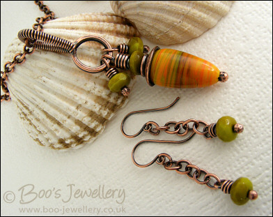 Necklace and earring set with yellow, orange and olive green glass beads