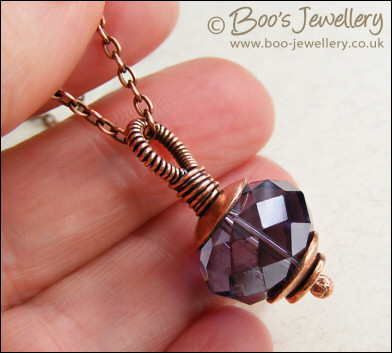 Faceted amethyst glass and copper pendant on chain