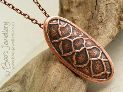 Fir cone textured copper clay pendant on chain