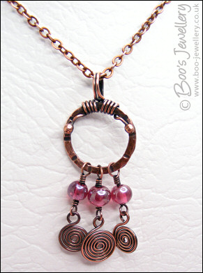 Pink glass and copper spirals necklace and earring set