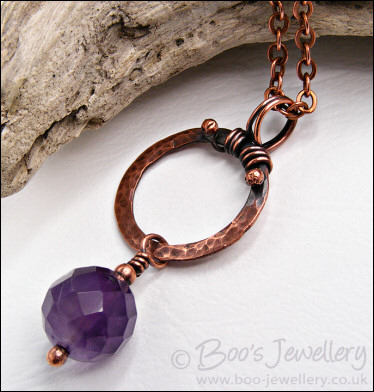 Hammered copper and Amethyst drop necklace