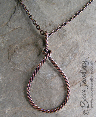 Antiqued copper knotted rope loop pendant on chain